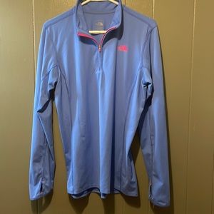The North Face women’s microfiber pull over, partial zip up, aqua blue/hot pink